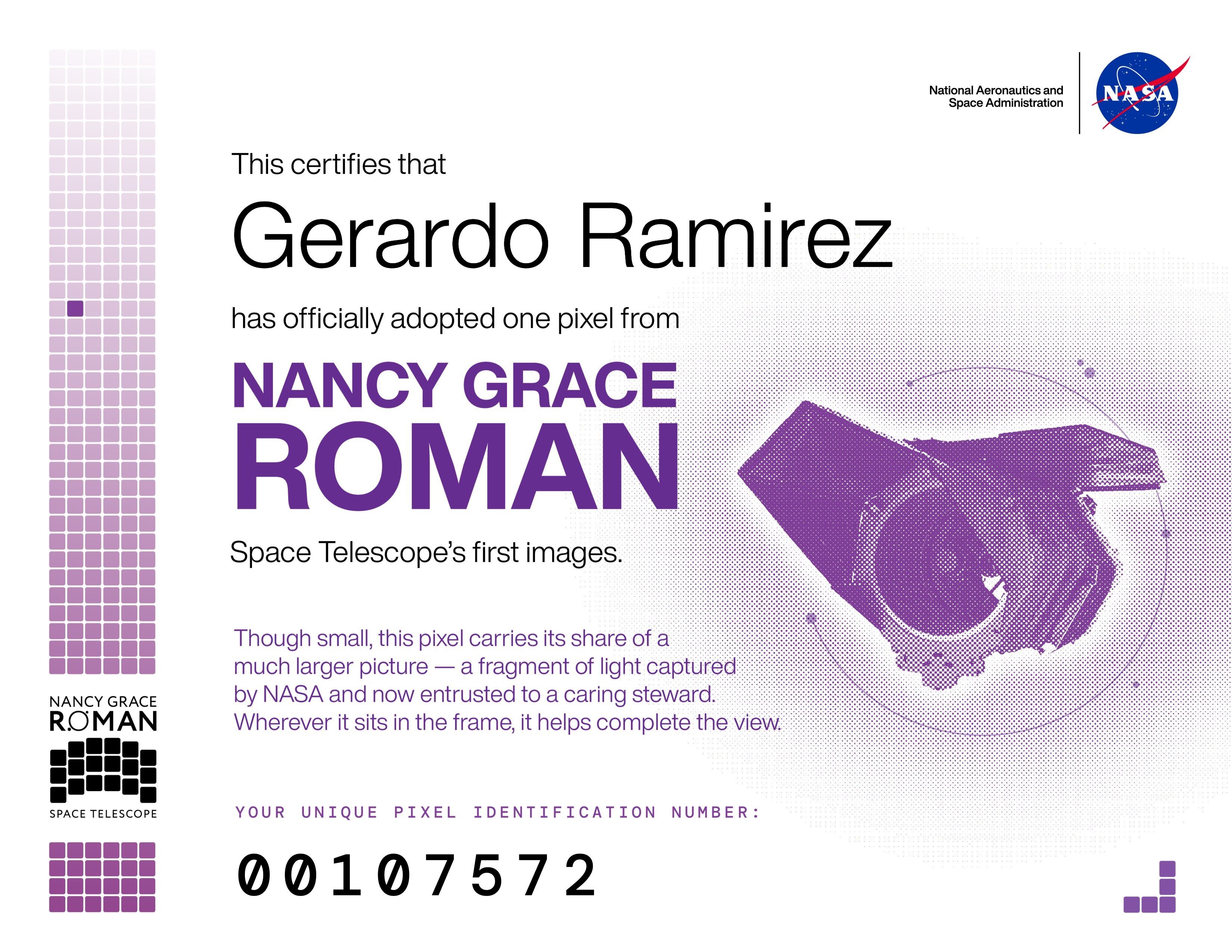 NASA Adopt-a-Pixel certificate for Gerardo Ramirez, certifying adoption of one pixel from the Nancy Grace Roman Space Telescope’s first images, unique identification number 00107572.